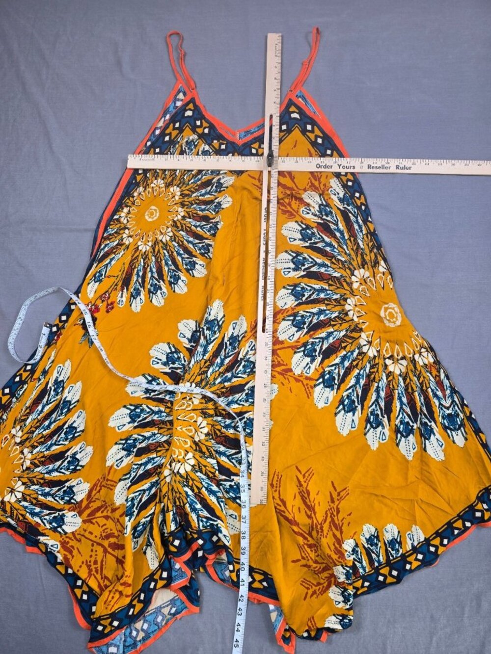 Jealous Tomato Yellow & Blue Boho Feathers Floral Handkerchief Dress Sundress S - Picture 3 of 3